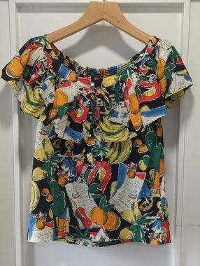 J. Crew Cotton Multicolor Tropical Fruits Salilboats Off-Shoulder Blouse Size 00